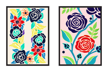 Vintage-inspired floral wall art with elegant roses and leaves, distressed texture, retro art print style