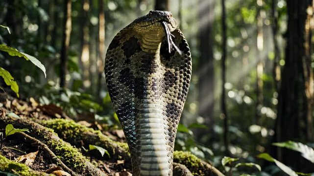 King cobra expanding hood and flicking tongue in a tropical jungle setting with light rays. Danger concept of wild venomous animal in nature.