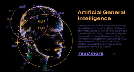 Human head in profile made of colorful glowing dots with circles and scattered numerical data points on a dark background. Conceptual vector illustration for artificial general intelligence or AGI.