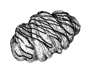 Vector illustration of straight croissant topped with chocolate drizzle. Hand drawn sketch of fresh baked rolled croissant pastry with crispy layers and decorations. Sweet baked breakfast pastries