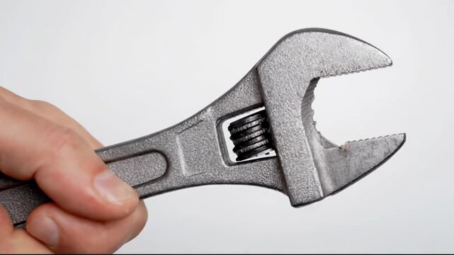 Close-up of male hand holding silver adjustable wrench isolated on white background