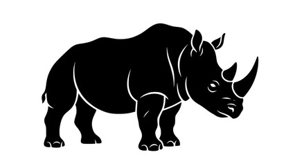 Fototapeta premium Striking black and white graphic silhouette vector illustration of a rhinoceros featuring its distinctive thick skin and prominent horn design element