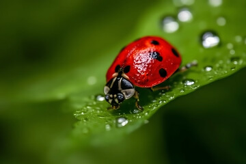 Fototapeta premium A small spotted red ladybird beetle crawls on a green leaf and blade of grass in a macro summer garden nature closeup.