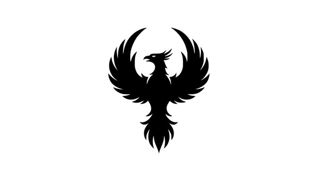 Majestic black silhouette graphic design of the mythical phoenix bird with wide spread wings symbolizing rebirth and immortal powerful victory