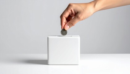 Close Up Of A Hand Inserting Coin Into A White Cube Shaped Money Box With Clean Background