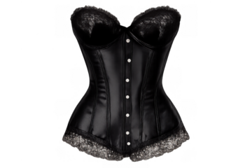 Black leather corset with lace trim and white buttons, portraying gothic fashion style, intimate apparel for women, transparent background