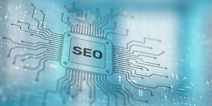SEO Search Engine Optimization Techniques Illustrated on a Processor, Business and Technology Concept.