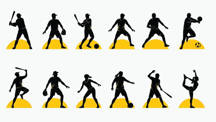 Fototapeta premium Silhouettes of athletes performing various sports against a yellow backdrop