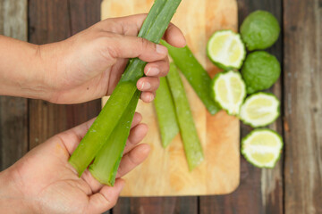 Women are preparing aloe vera and kaffir lime, pure natural ingredients, for use in skin and hair care products.