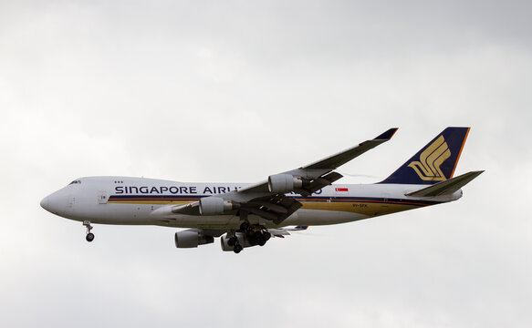 Changi, Singapore - &lrm;&lrm;&lrm;&lrm;&lrm;&lrm;February 11, 2018 : A Boeing 747-412F Airplane With Registration 9V-SFK Of Singapore Airlines Cargo At Changi International Airport.
