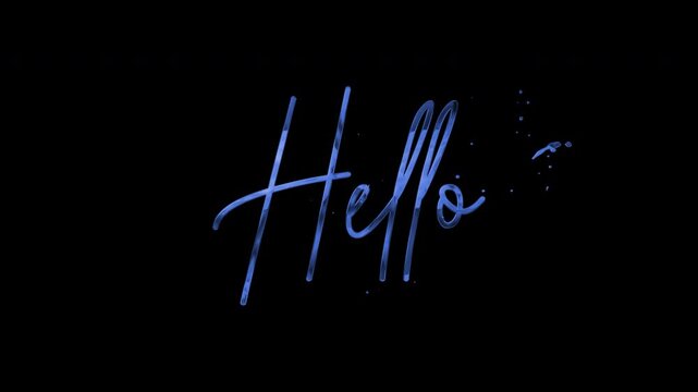 Word hello in cursive blue writing against black. Suitable for social media posts, greeting cards, invitations, website headers, and presentations.