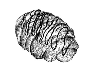 Vector illustration of straight croissant topped with chocolate drizzle. Hand drawn sketch of fresh baked rolled croissant pastry with crispy layers and decorations. Sweet baked breakfast pastries