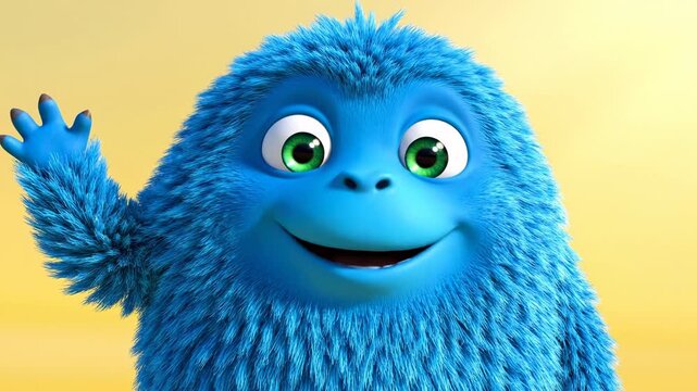 Happy blue hairy monster waving and winking in a playful sequence. Cute cartoon creature expressing friendly greetings with various facial expressions.