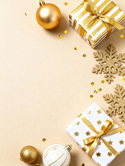 Christmas composition gift box golden decorations beige background