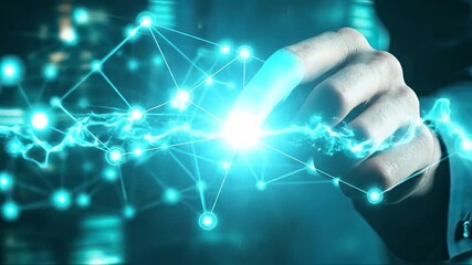 Businessman hand interacting with futuristic digital network connection interface and glowing blue data nodes - Powered by Adobe