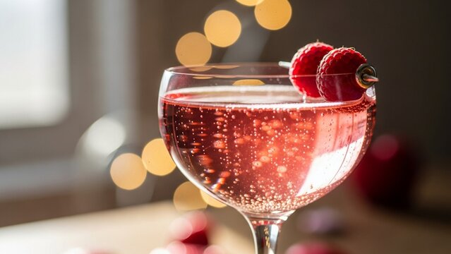 Pink champagne cocktail with raspberry garnish and bokeh lights