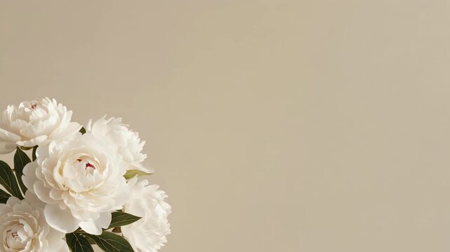 A serene close-up view of white flowers in the corner, utilizing negative space effectively, set against a soft beige background in a video frame