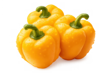 Fresh yellow bell pepper group with water droplets, vibrant organic vegetable ready for healthy cooking, transparent background