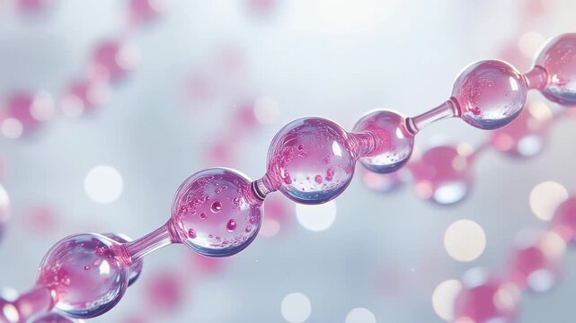 Microfluidic droplets flowing in a chain against a blurred background with a soft focus effect in a scientific visualization