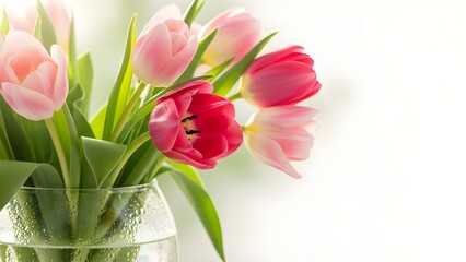 Pink and Red Tulips in Glass Vase on Bright Soft Background