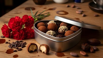 Heart-Shaped Box of Gourmet Chocolate Truffles with Red Flowers