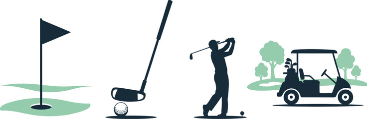 Golf scene with golfer flag cart and trees on transparent background silhouette © Lhvect02