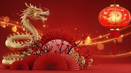 Golden Dragon with Red Lanterns and Fans for Chinese New Year