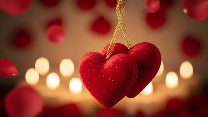 Two Red Velvet Hearts Hanging on Gold Chain with Romantic Bokeh