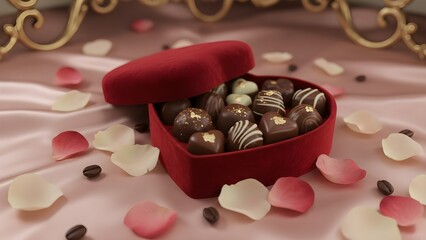 Heart-shaped box of luxury chocolates on pink silk with rose petals