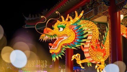 Glowing Chinese Dragon Lantern for Lunar New Year Festival at Night