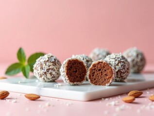 Healthy chocolate energy balls coated in coconut on a marble slab. Vegan protein bliss balls with almonds and mint over a soft pink background.