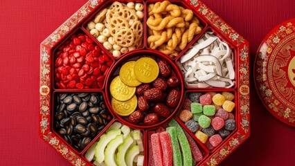 Assorted Sweets and Fruits in Decorative Tray.