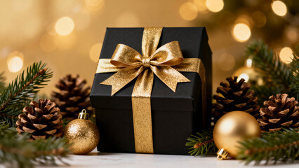 Black Gold Christmas Gift Box Bokeh
