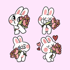Cute white bunny rabbit sticker set holding peony flower bouquet for Valentine or romantic gifts