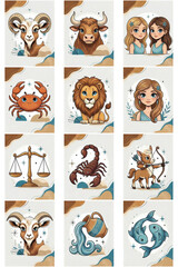 set of all twelve zodiac signs thumbs in style for kids, astrology and children concept