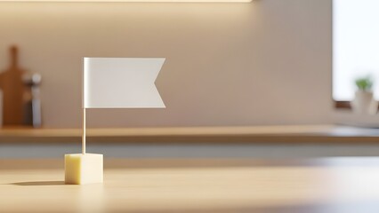 Blank White Flag with Minimalist Wooden Stand Symbolizing New Opportunities and Custom Messaging, Business, Marketing, Communication, Planning