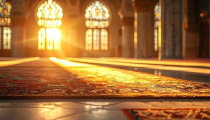 Golden Sunlight Streams Through Stained Glass Windows Illuminating Ornate Carpeted Floor Inside Grand Mosque Interior Warm Light