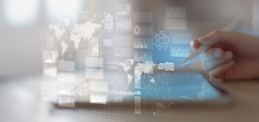 Global Data Analytics and Market Research Displayed on a Digital Tablet Interface.