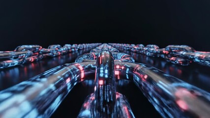 Digital blockchain chain moving through dark digital space with blue and red light for cryptocurrency and data security concept. - Powered by Adobe