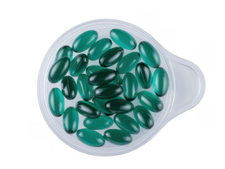 Green capsules in a white circular blister pack pills isolated on a transparent background