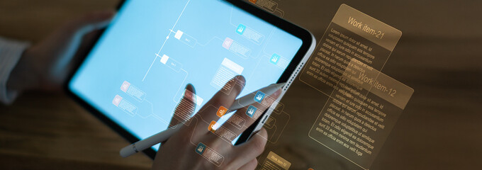 Digital Workflow Management and Project Planning Visualization on Modern Tablet Interface.