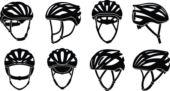 Collection of various bicycle helmet designs in black silhouette on transparent background