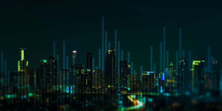 Global Market Trends and Financial Data Visualization Merging with Urban Smart City Landscape. - Powered by Adobe