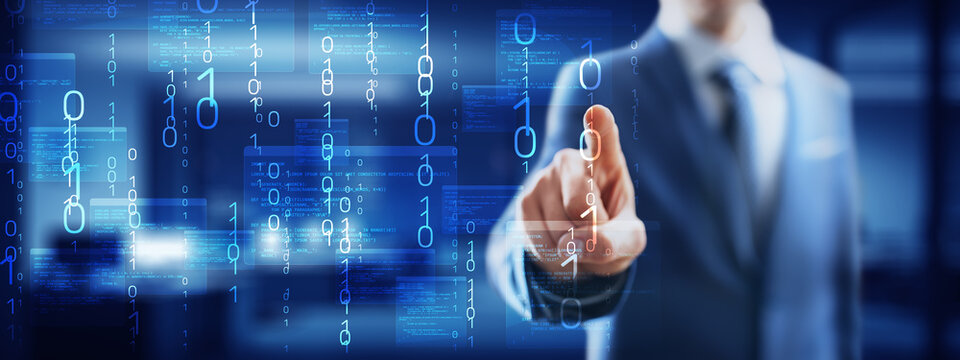 Binary Code and Software Programming Visualization with Interactive Digital Interface. - Powered by Adobe