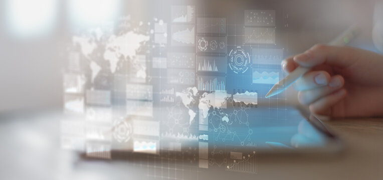 Global Data Analytics and Market Research Displayed on a Digital Tablet Interface. - Powered by Adobe