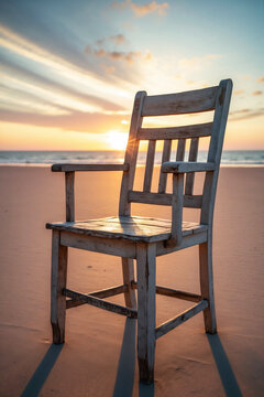 concept of empty chair for graphic creativity - old chair standing on beautiful sea beach in sunrise or sunset 