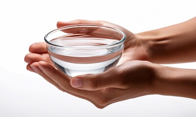 hands holding a transparent glass bowl of water on white background