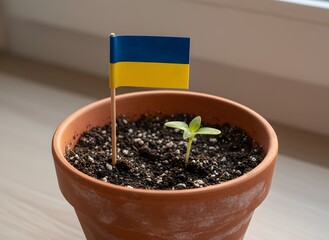 Young Green Seedling with Ukrainian Flag Symbolizing Hope, Resilience, and Future Growth, Horticulture, Patriotism, Nature