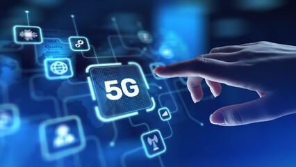 5G Next-Generation Mobile Connectivity, projection on a virtual screen, Business and Technology Concept.