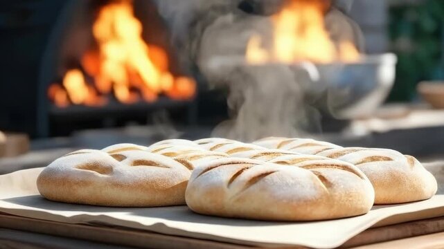 Delicious warm bakery product, artisan golden bread loaves, and soft steaming buns. Rustic stone oven flames illuminate the traditional bakery environment.